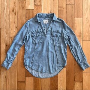Rails Chambray Long Sleeve Collared Tie Front Top Tencel Linen Blend Size XS